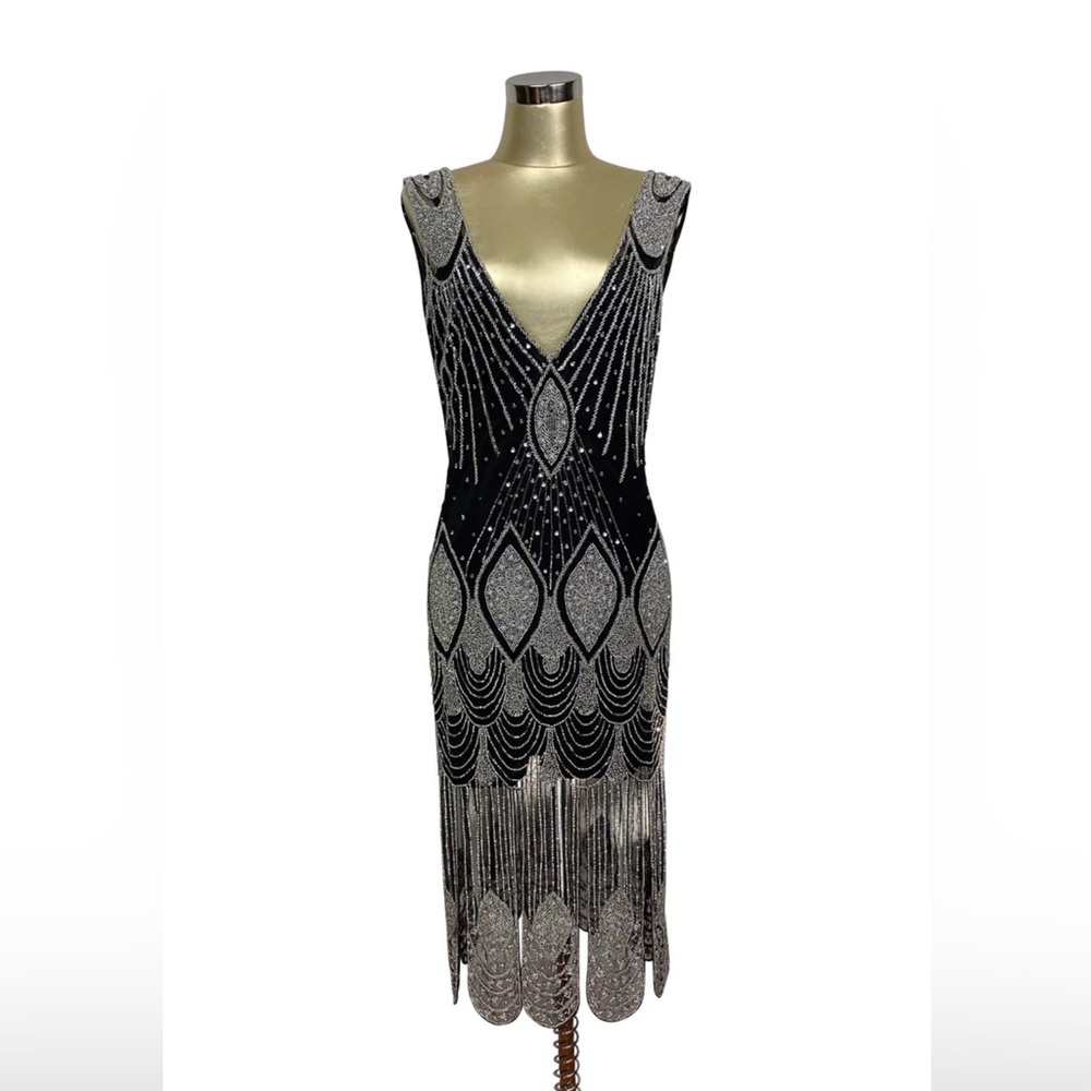 1920s Flapper Hand Beaded Dress by The Deco Haus– Ultra Low Back in Black/Silver